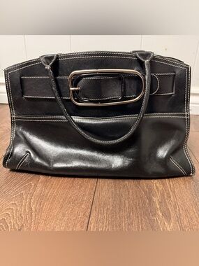 FURLA Black Genuine Leather Tote Bag Made In Italy Oversized Buckle Detail Luxe